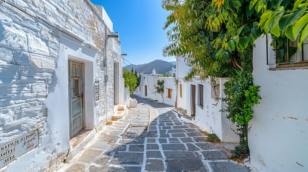 A traditional mountain village of Lefkes in Paros with narrow streets, white-washed houses, and scenic views.