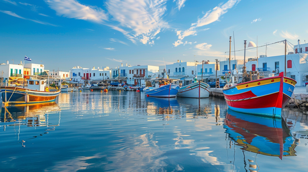 The picturesque harbor of Naoussa in Paros with colorful fishing boats and waterfront restaurants.