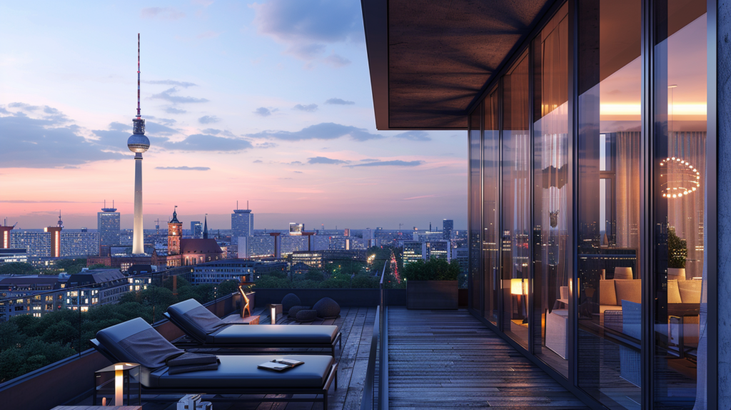 The twilight view of Berlin's skyline from a luxury apartment, featuring the TV Tower.