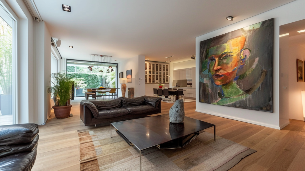 A sleek and modern living room in a Berlin luxury vacation rental.