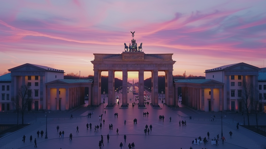 An evening view of Berlin's Brandenburg Gate with tourists.