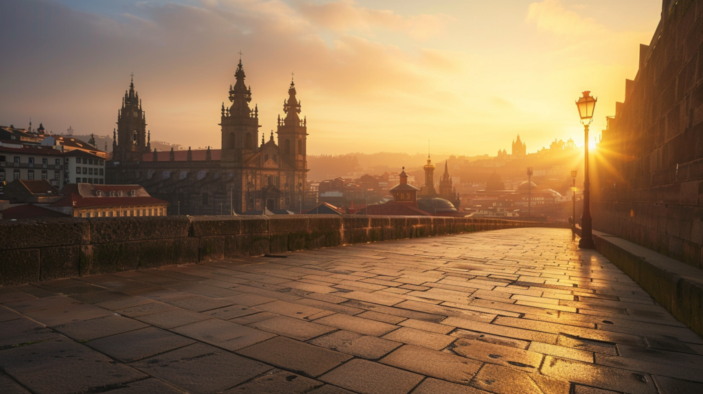 The early morning light bathes the Cathedral of Santiago de Compostela in a golden glow.