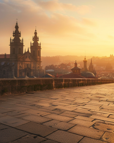 The early morning light bathes the Cathedral of Santiago de Compostela in a golden glow.