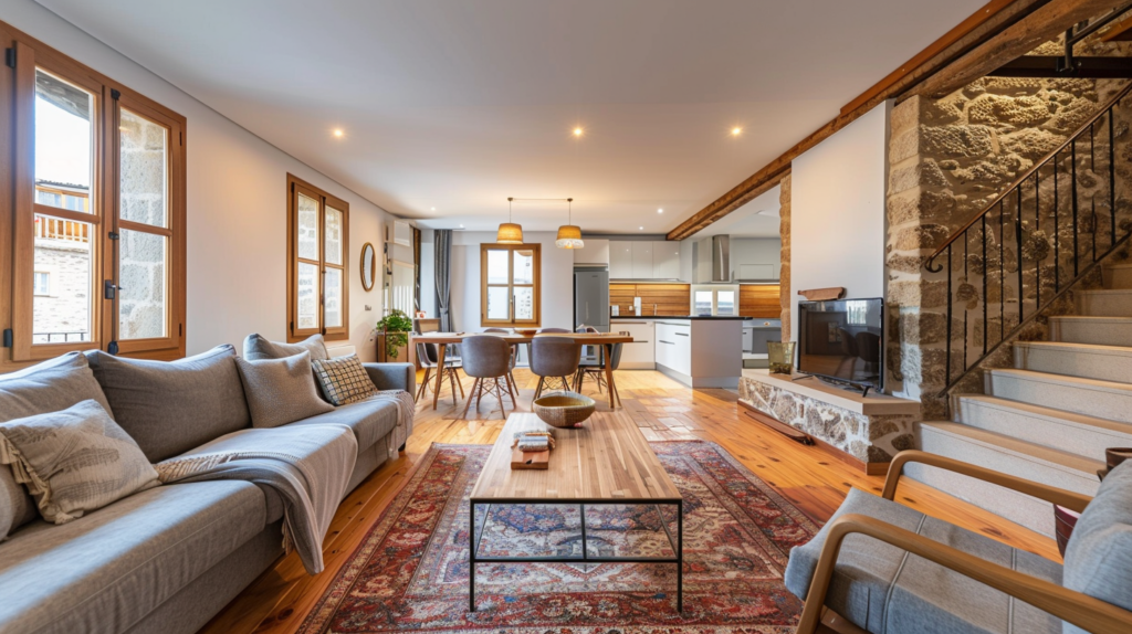 The elegant interior of a vacation rental in Santiago de Compostela combining modern and traditional Spanish elements.