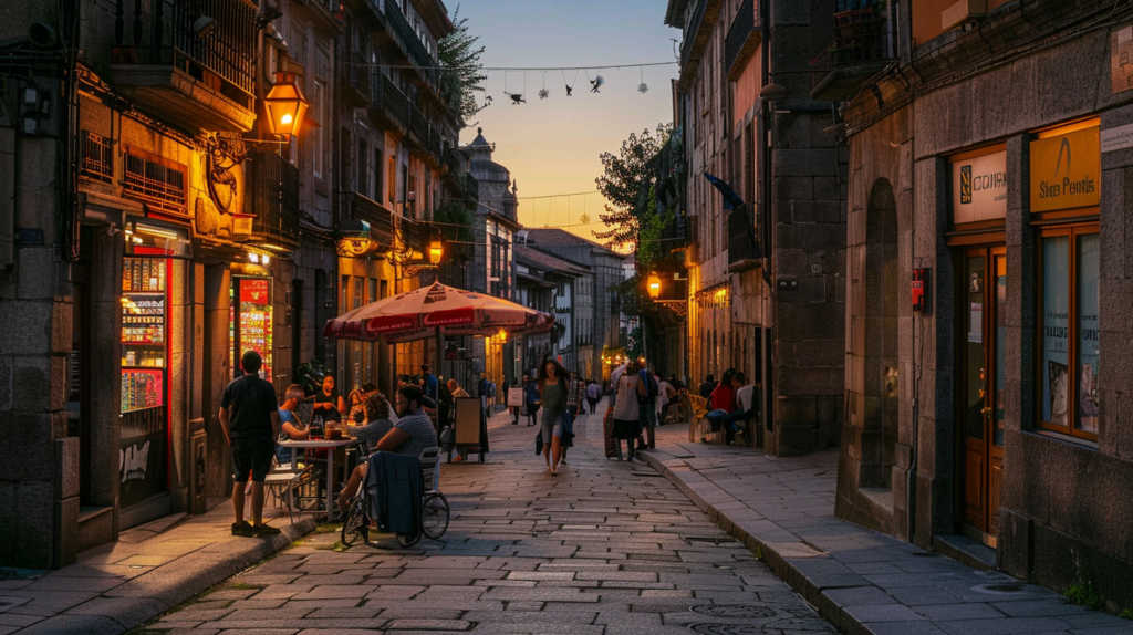 A vibrant evening street scene near Alameda Park in Santiago de Compostela with locals and tourists.