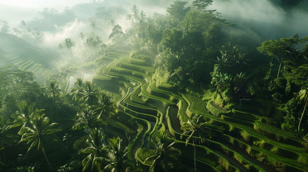 An overhead view of the lush, green rice terraces of Ubud in the morning mist.