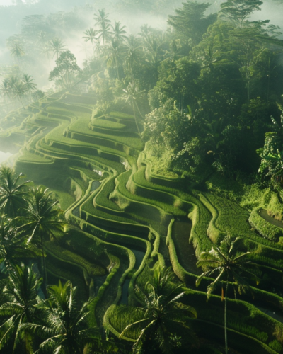 An overhead view of the lush, green rice terraces of Ubud in the morning mist.