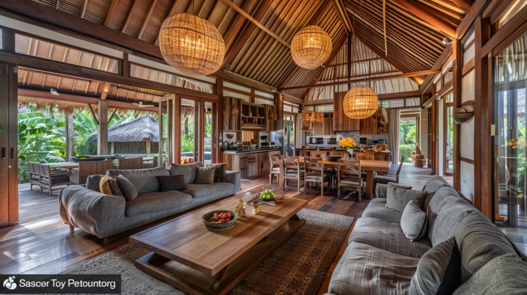 A luxurious and airy Balinese-style interior of a vacation rental in Ubud.