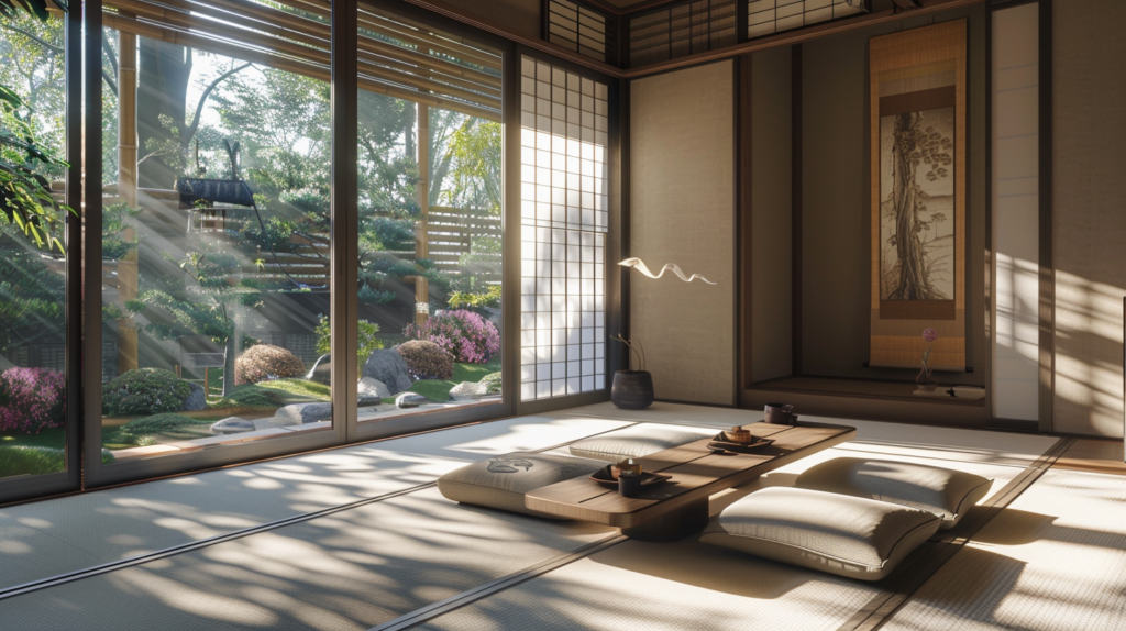 A traditional Japanese tea room in an Osaka luxury rental with tatami mats and shoji screens.