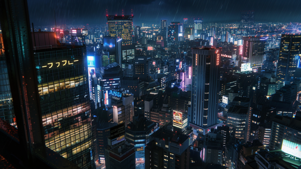 Osaka's city lights viewed from above, showing a bustling urban night scene.