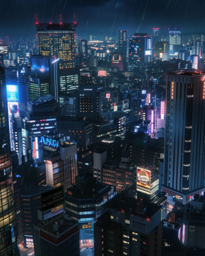 Osaka's city lights viewed from above, showing a bustling urban night scene.