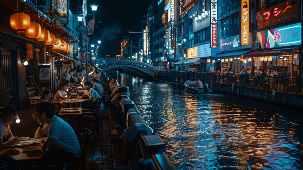 An evening scene of Dotonbori canal lined with neon signs and dining people.