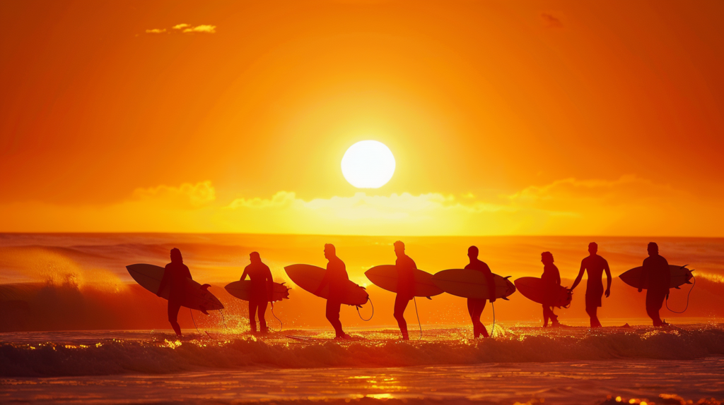 Sunsets over Pacific Beach with silhouettes of surfers in the water.