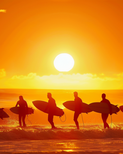 Sunsets over Pacific Beach with silhouettes of surfers in the water.