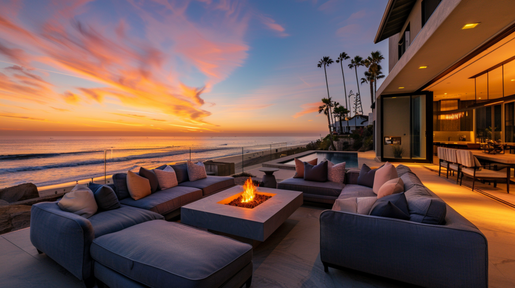 A relaxing beachfront patio of a vacation rental at Pacific Beach during sunset.