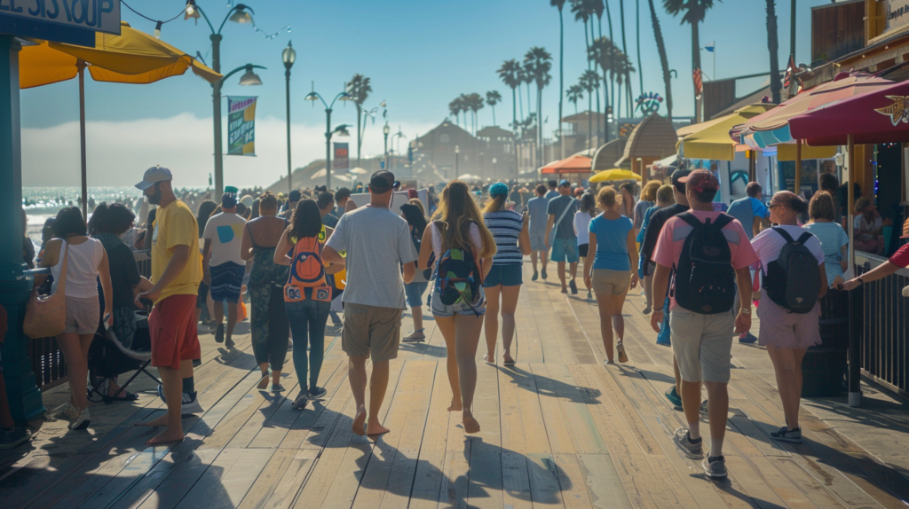 A casual scene of people walking on the Pacific Beach boardwalk on a clear day.