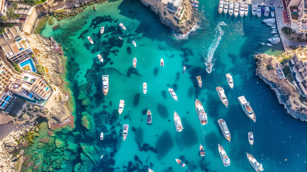 A high aerial shot of St. Julian's coastline with luxury yachts and clear waters.