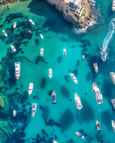 A high aerial shot of St. Julian's coastline with luxury yachts and clear waters.