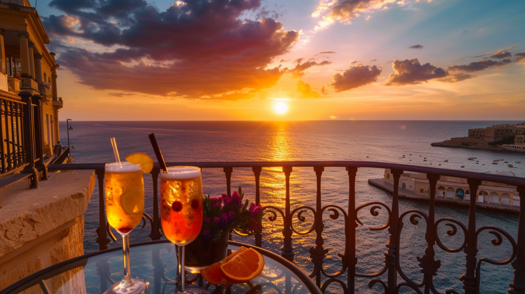 A sunset view from a balcony over Balluta Bay with a cocktail setup.