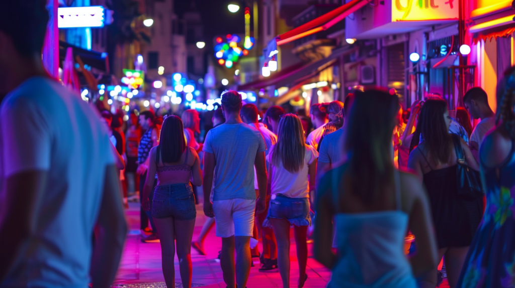 The vibrant nightlife scene in Paceville with people dancing under colorful lights.