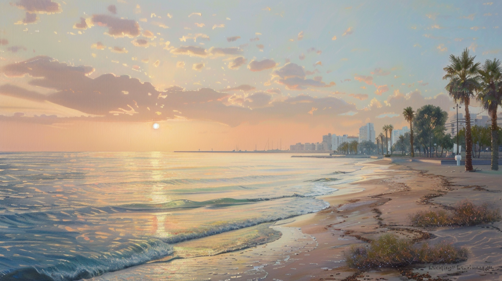 A peaceful sunrise view over the beaches of Torrevieja with a soft pastel sky.