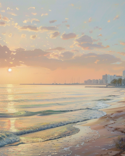 A peaceful sunrise view over the beaches of Torrevieja with a soft pastel sky.
