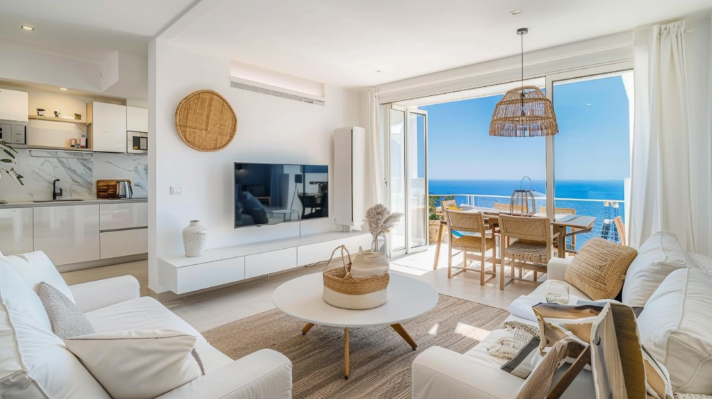 A bright and modern Mediterranean interior of a luxury rental in Torrevieja with sea views.