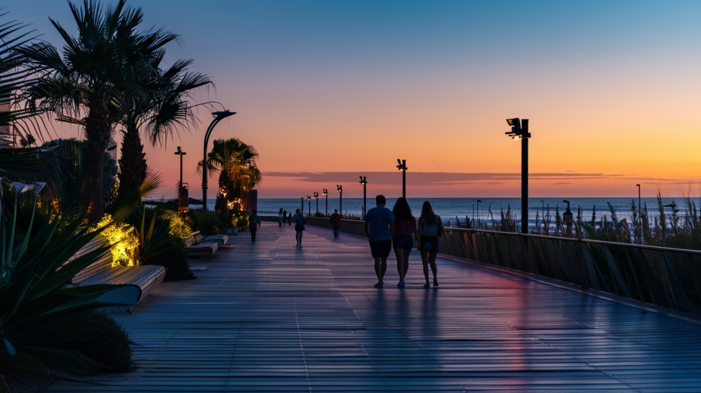 Sunset at La Mata boardwalk in Torrevieja with people enjoying the evening.