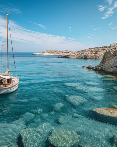 A sailing boat navigating the hidden coves of Paros with crystal-clear waters and rugged coastline.