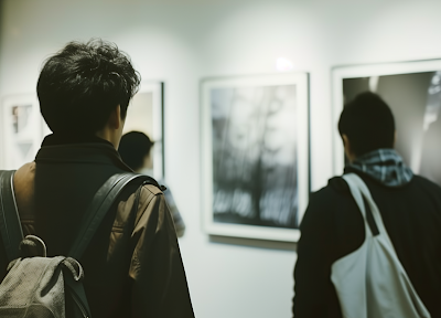 Visitors observing contemporary art exhibits at Instituto Tomie Ohtake under indoor lighting.