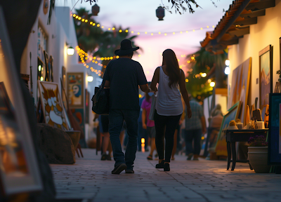 San José del Cabo’s Art Walk at dusk, with lit-up galleries and visitors admiring art.
