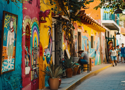 The vibrant art scene in San Jose del Cabo, featuring colorful murals and local artists at work, with tourists exploring the street.