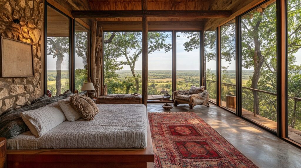 Interior view from Pickens Oklahoma Vacation Rental facing the prairie
